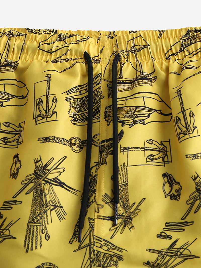 Herre Beach Sea Boat Pattern Digital Printing Børstet Løse Shorts Bukser