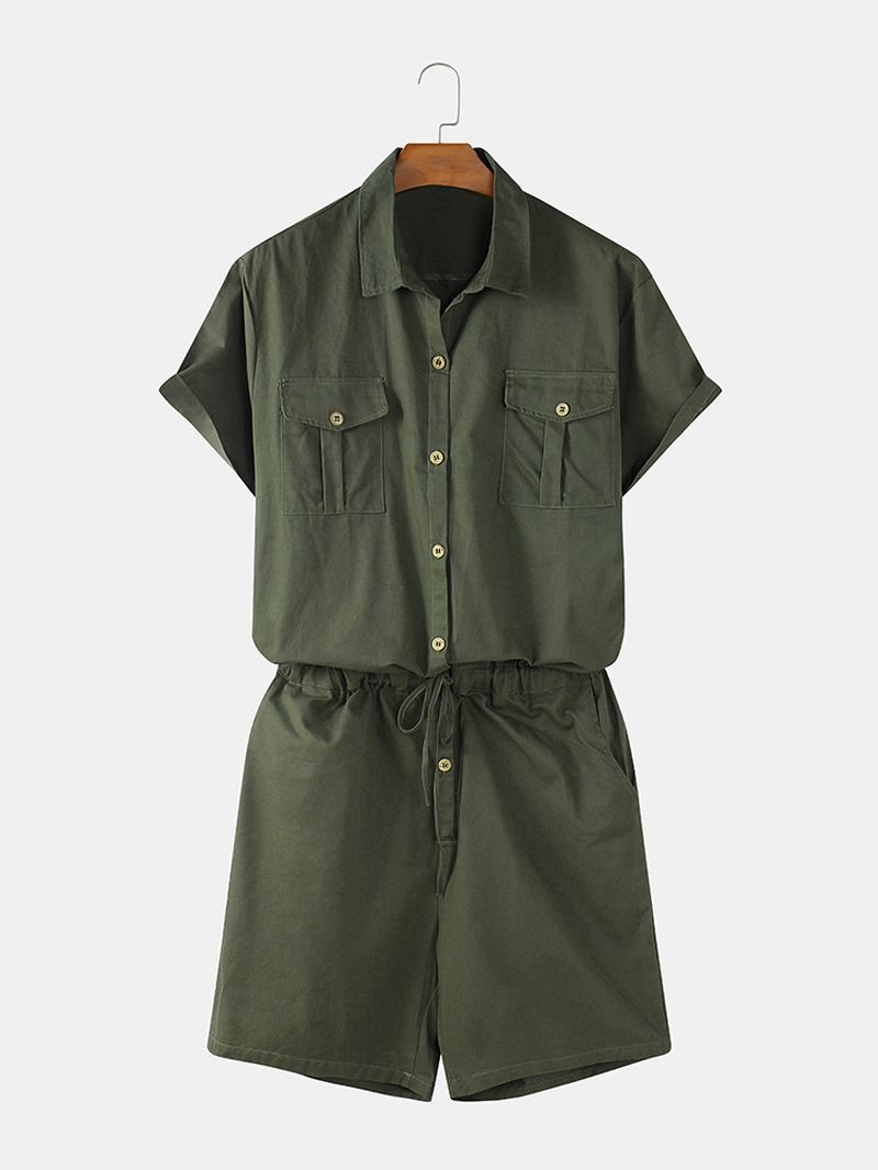 Herre Bomuld Ensfarvede Multi Lomme Afslappet Kortærmede Shorts Jumpsuits