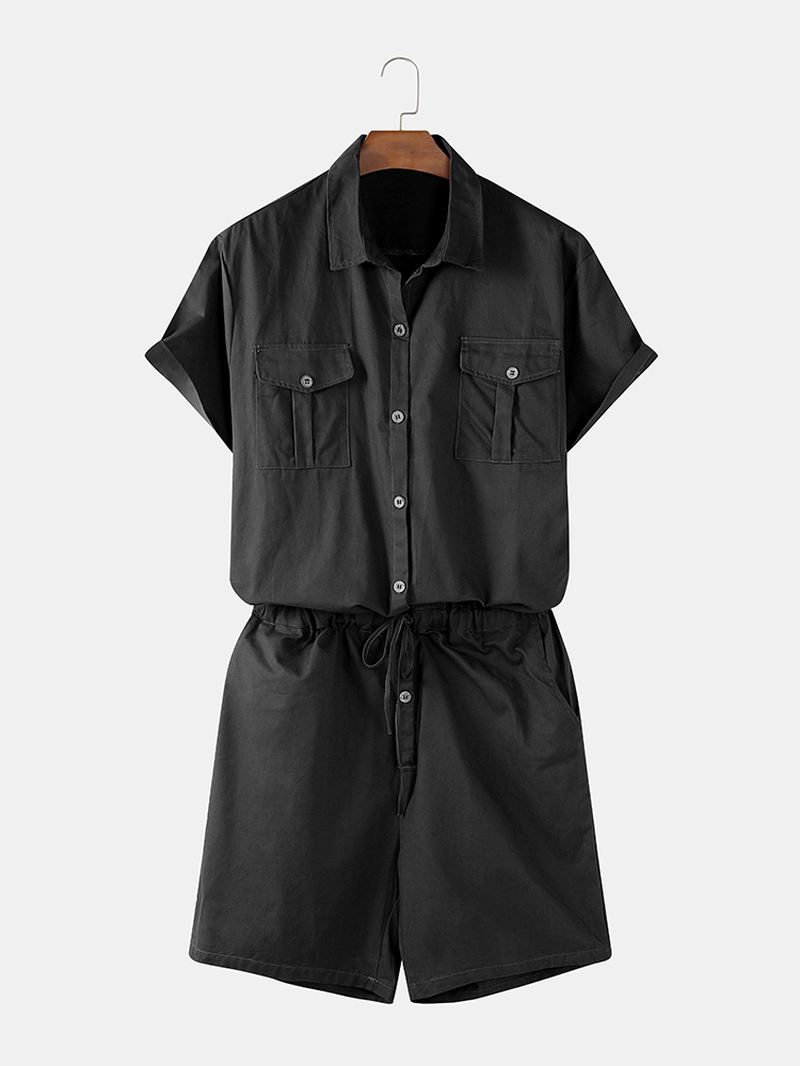 Herre Bomuld Ensfarvede Multi Lomme Afslappet Kortærmede Shorts Jumpsuits