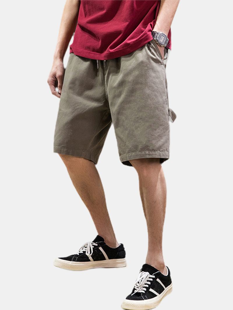 Herre Bomuld Ensfarvede Multi Pocket Loose Shorts Med Snoretræk