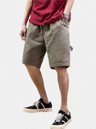 Herre Bomuld Ensfarvede Multi Pocket Loose Shorts Med Snoretræk