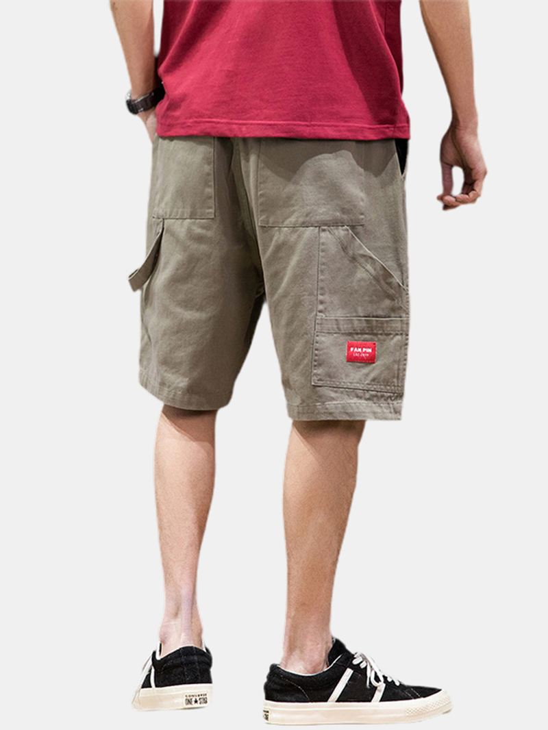 Herre Bomuld Ensfarvede Multi Pocket Loose Shorts Med Snoretræk