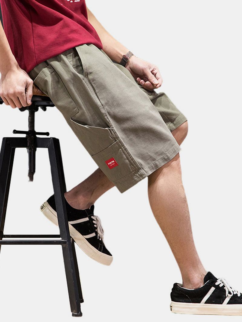 Herre Bomuld Ensfarvede Multi Pocket Loose Shorts Med Snoretræk