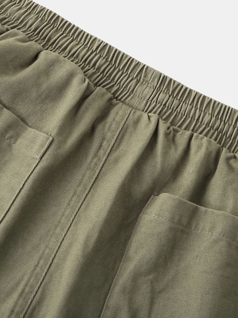 Herre Bomuld Ensfarvede Multi Pocket Loose Shorts Med Snoretræk