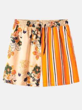 Herre Stribet Blomsterprint Patchwork Causla-shorts Med Snoretræk