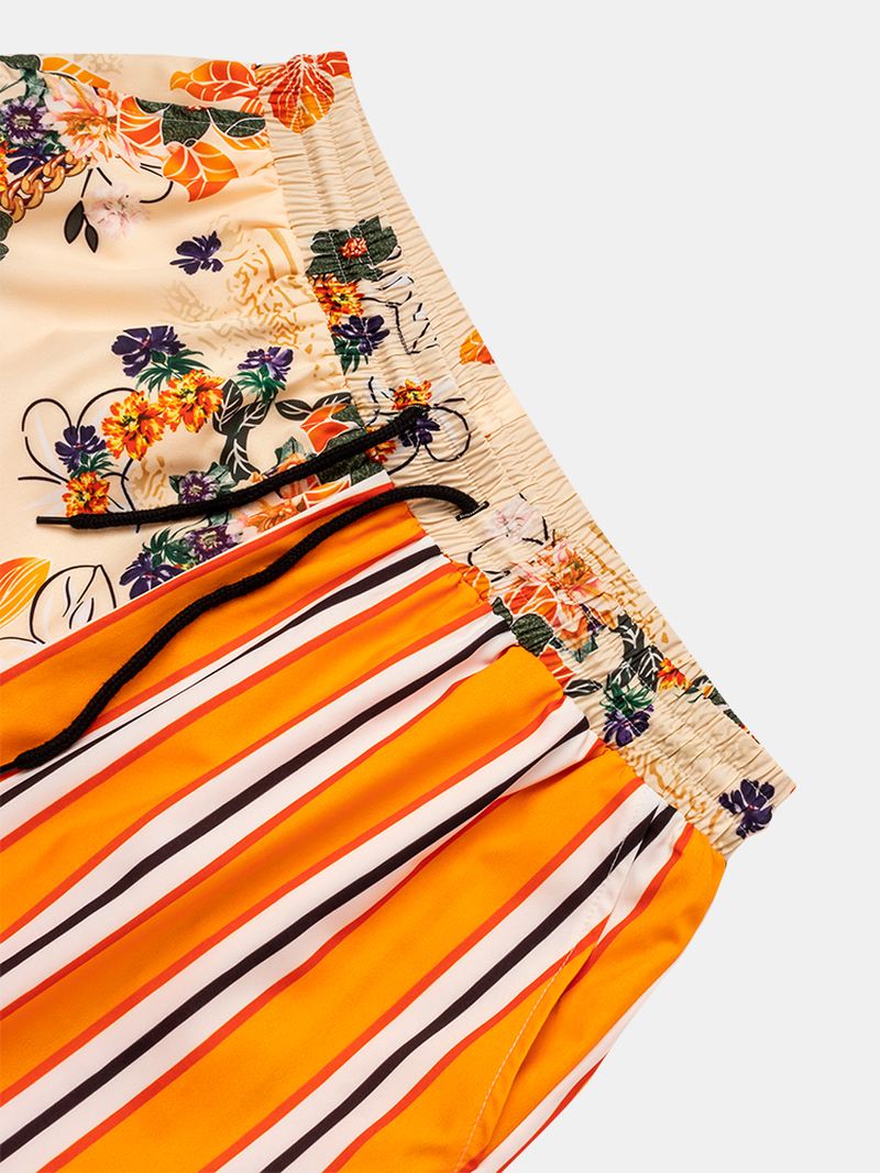 Herre Stribet Blomsterprint Patchwork Causla-shorts Med Snoretræk