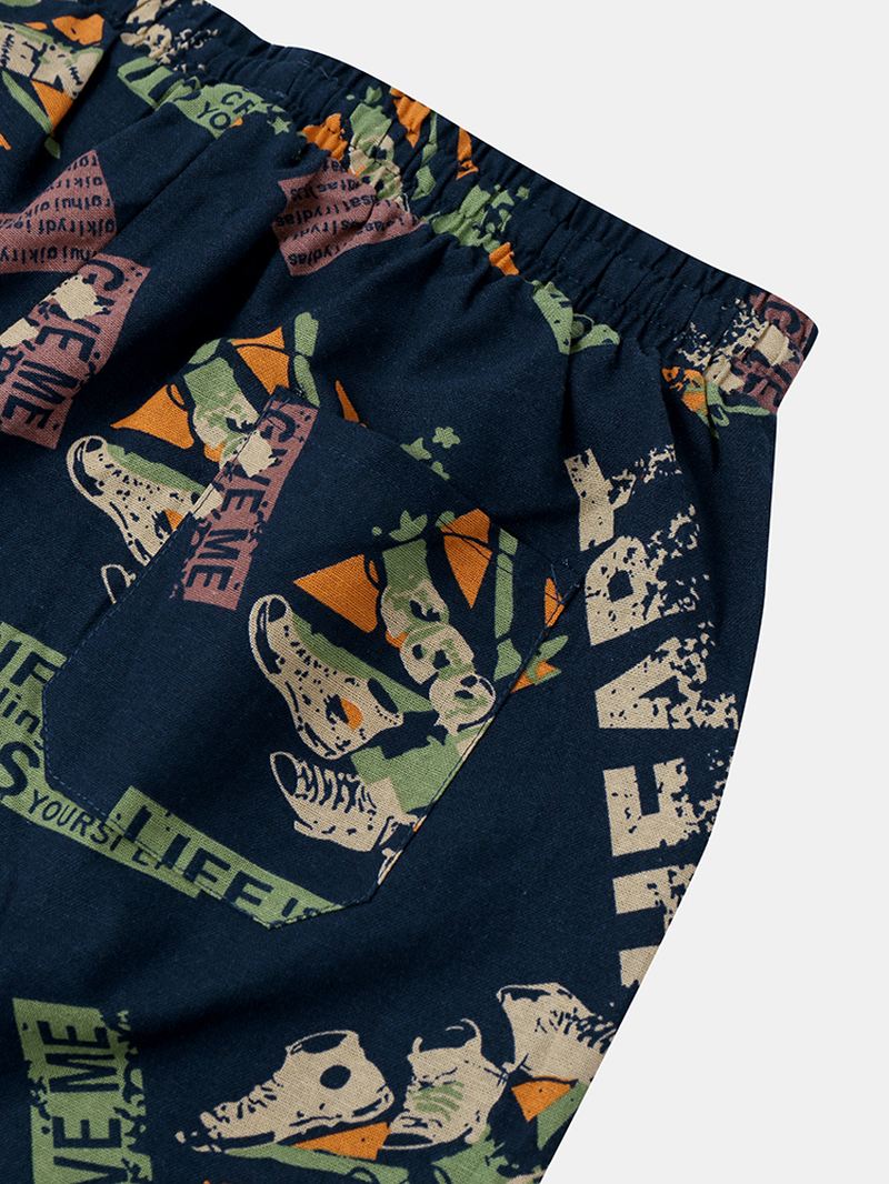 Herre Vintage Med Tryk Snøre Lomme Casual Loose Shorts
