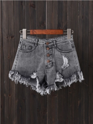 Kvinder Button Up Pocket Loose Hollow Ripped Denim Shorts