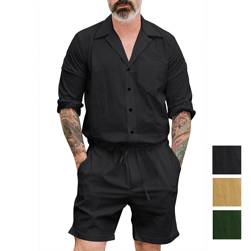 Mænd Ensfarvet Kort Jumpsuit Med Snoretræk