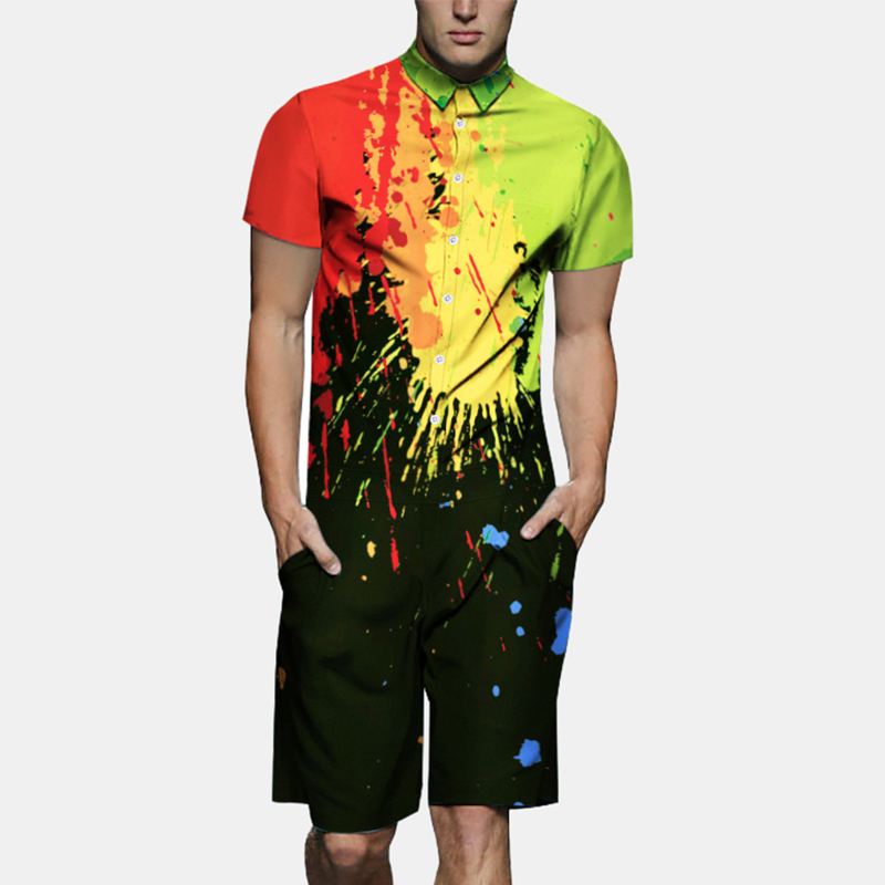 Mænd Splash Ink Printet Kortærmet Jumpsuit