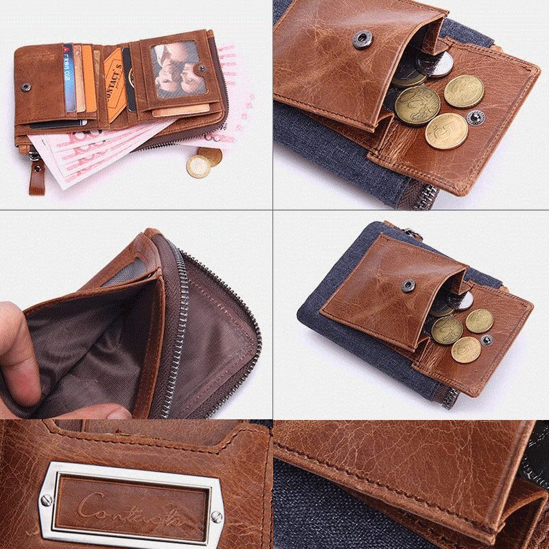 Ægte Læder Lynlås Til Mænd Retro Business Multi Card Slot Læder Kortholder Tegnebog Med Aftagelig Kortholder Taske