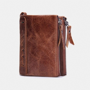 Ægte Læder Multifunktion Multi-slot Dobbelt Lynlås Casual Brief Ensfarvet Kortholder Tegnebog