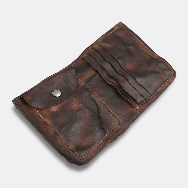 Ægte Læder Vasket Bifold Retro Kort Foldet Koskind Kortholder Møntpung Pung
