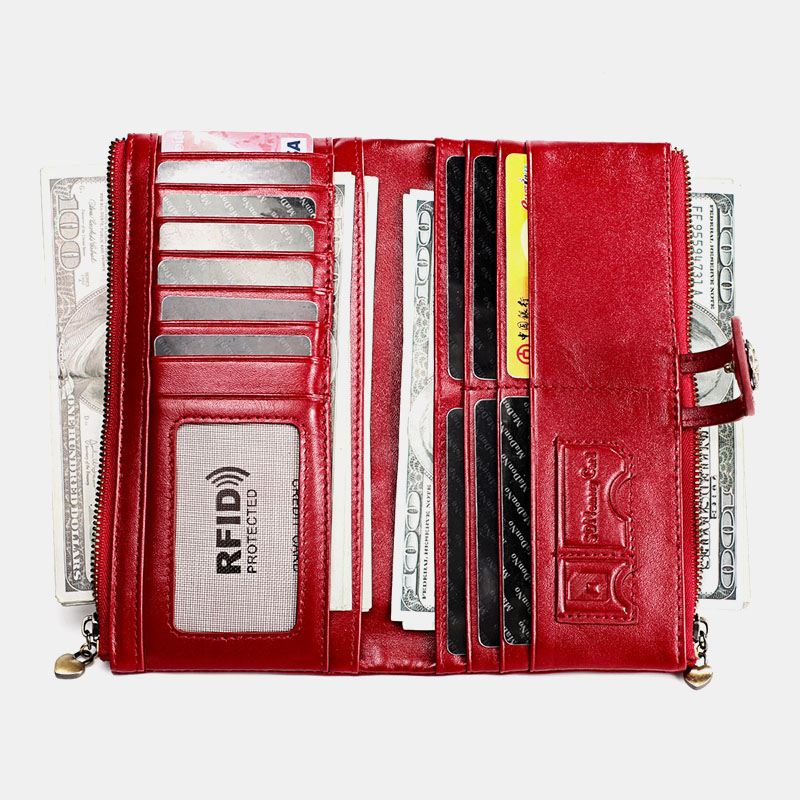 Kvinder Ægte Læder Antimagnetisk Multi-slots 14 Card Slots Lynlås Bifold Lang Tegnebog