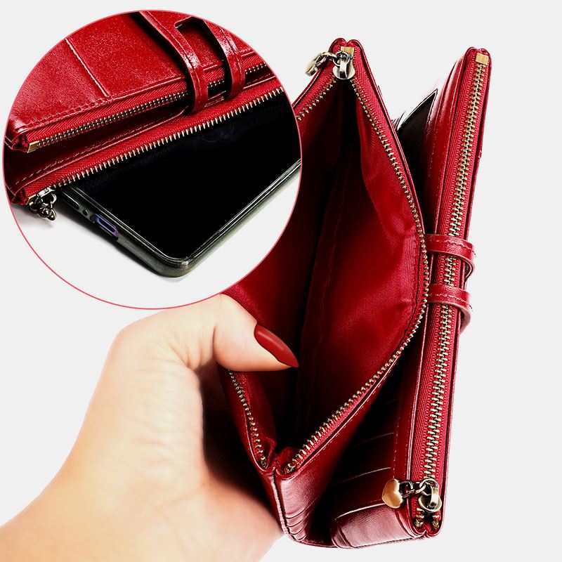 Kvinder Ægte Læder Antimagnetisk Multi-slots 14 Card Slots Lynlås Bifold Lang Tegnebog