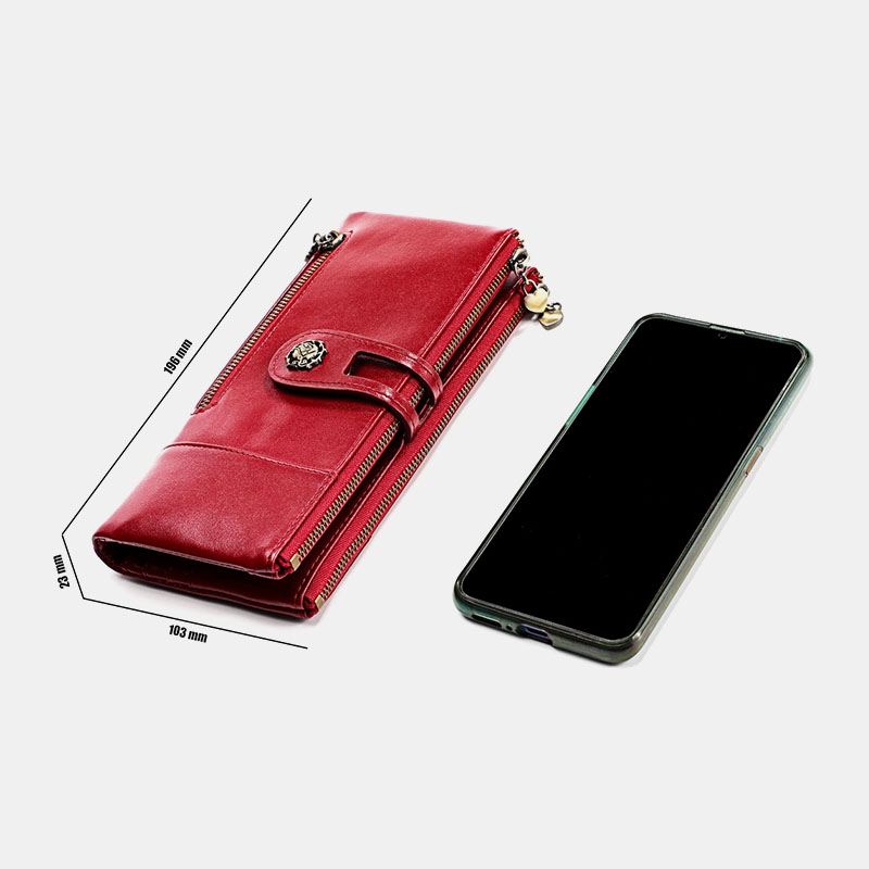 Kvinder Ægte Læder Antimagnetisk Multi-slots 14 Card Slots Lynlås Bifold Lang Tegnebog