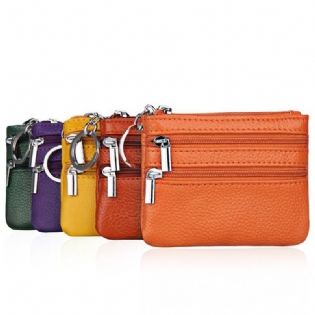 Kvinder Ægte Læder Dobbelt Lynlås Kortholder Clutch Tegnebog Candy Color Møntposer
