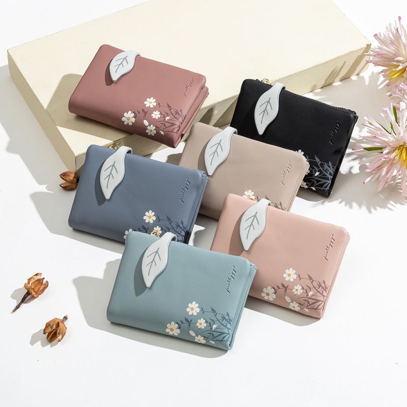 Kvinder Pu Læder Blomsterprint Casual Mini Easy Carry Penge Clip Card Holder Tegnebog