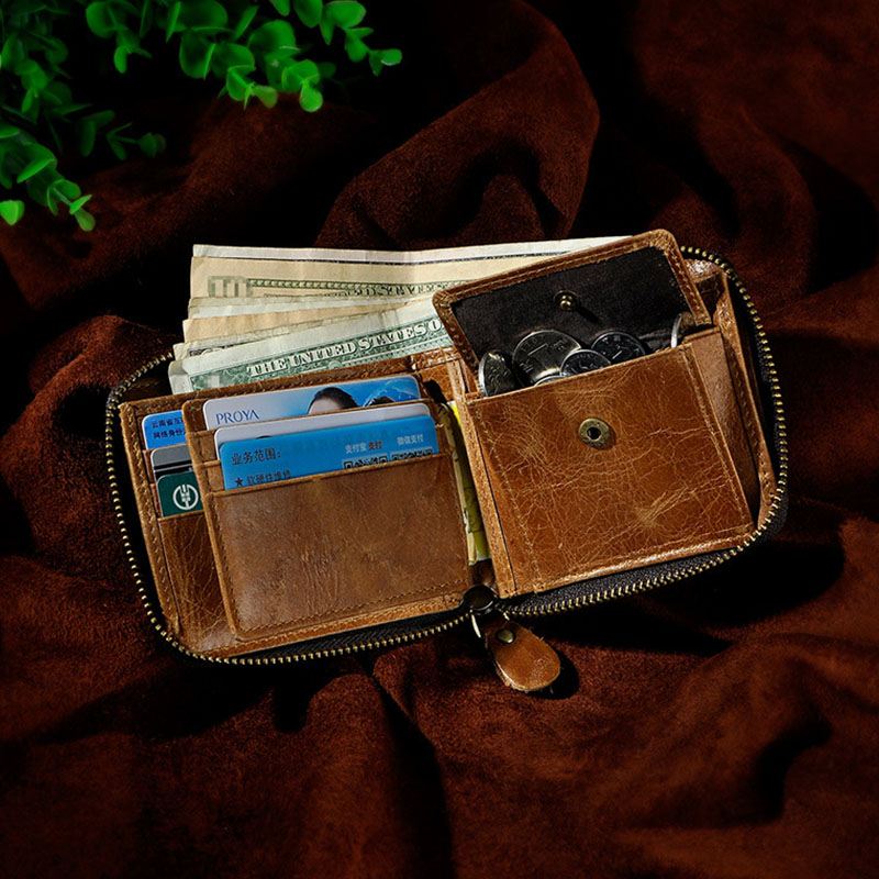 Mænd Ægte Læder Kohud Retro Klassisk Bifold Lynlås Kortholder Tegnebog