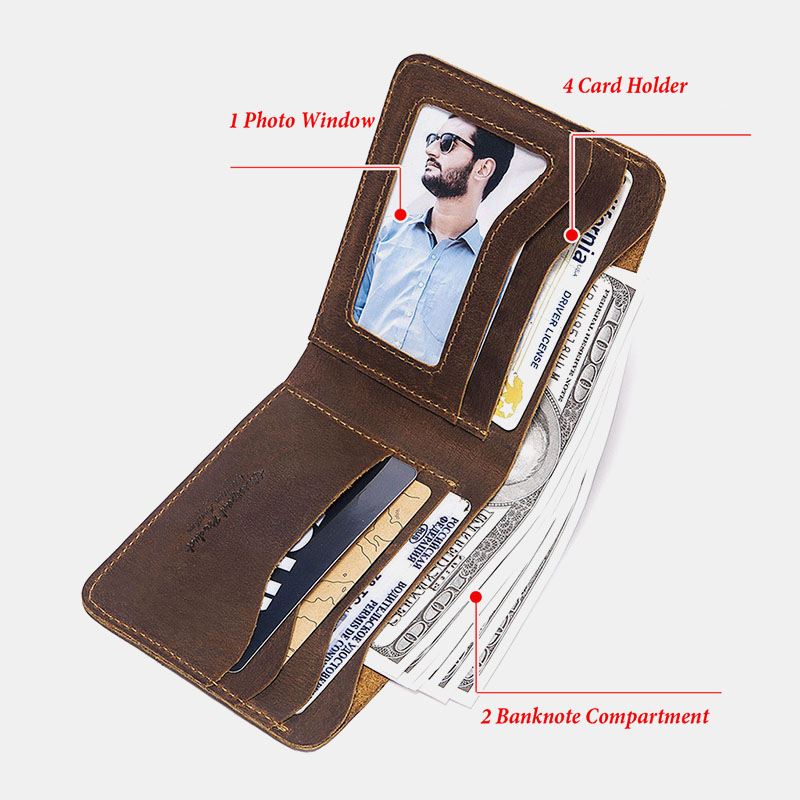 Mænd Ægte Læder Super Light Bifold Åben Retro Kort Anti-theft Koskind Kortholder Møntpung