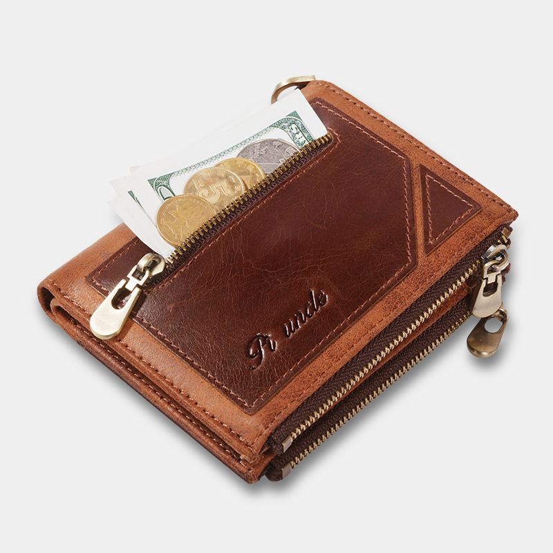 Mænd Bifold Anti-tyveri Tegnebøger I Ægte Læder Korte Stor Kapacitet Multi-card Slot Kortholder Møntpung Pengeclips