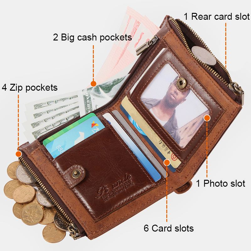 Mænd Bifold Anti-tyveri Tegnebøger I Ægte Læder Korte Stor Kapacitet Multi-card Slot Kortholder Møntpung Pengeclips