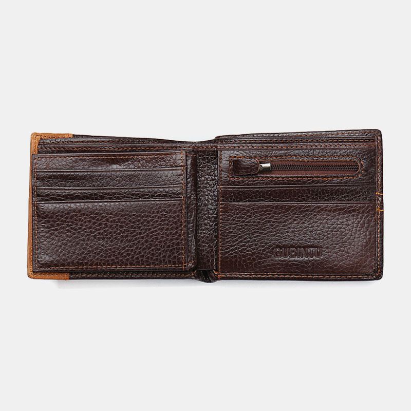 Mænd Bifold Kort Brevmønster Ægte Læder Tegnebog Retro 8 Kortslots Splejsningskortæske Møntpung Pengeclips