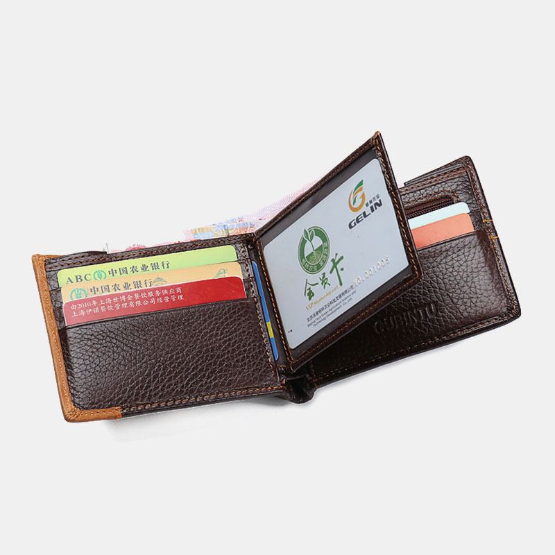 Mænd Bifold Kort Brevmønster Ægte Læder Tegnebog Retro 8 Kortslots Splejsningskortæske Møntpung Pengeclips