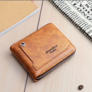 Mænd Kunstlæder Retro Klassisk Draw Card Slot Bifold Zipepr Card Holder Wallet