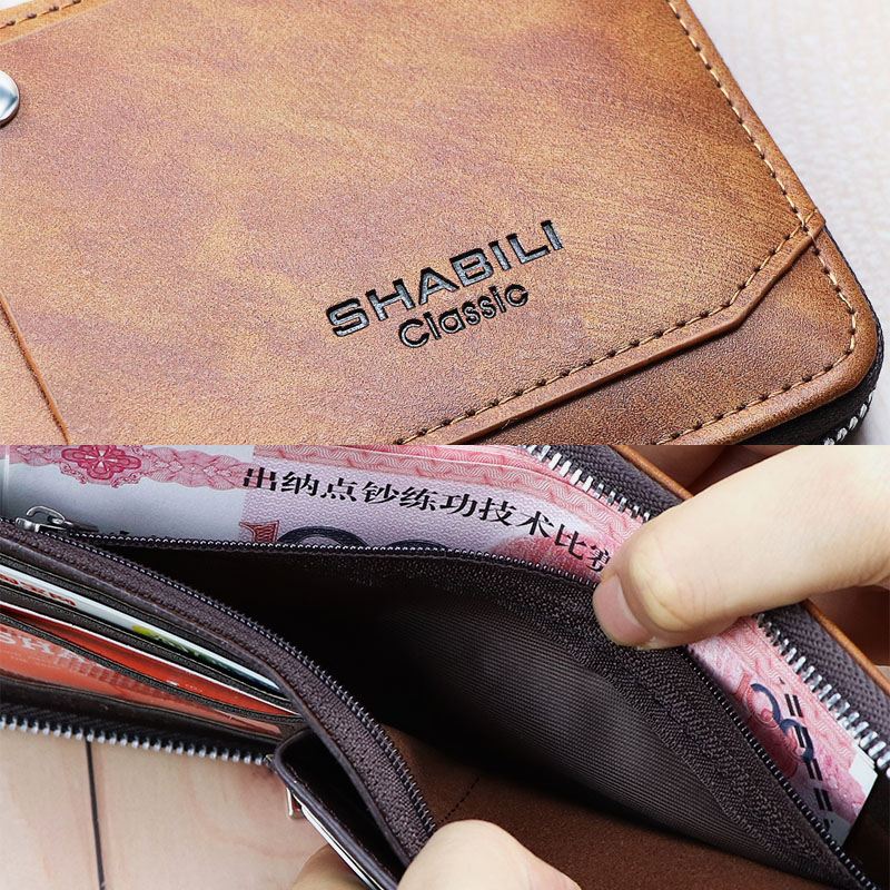 Mænd Kunstlæder Retro Klassisk Draw Card Slot Bifold Zipepr Card Holder Wallet