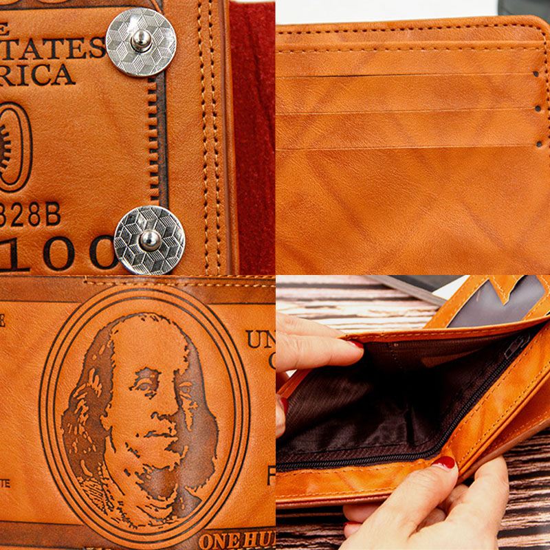 Mænd Pu Læder Dollarmønster Bifold Sort Multi-card Slot Kortholder Møntpung Tegnebog