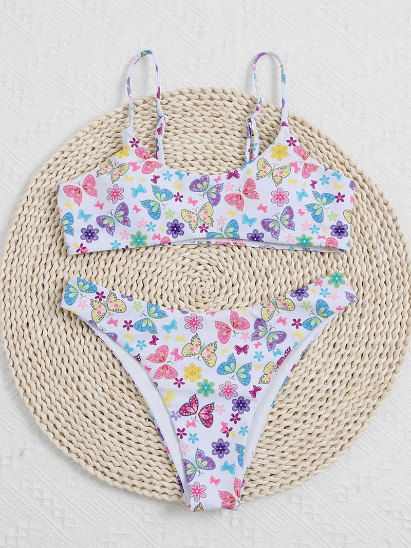 Butterfly Blomsterprint Ærmeløse Justerbare Stropper Strand Badetøj Bikini