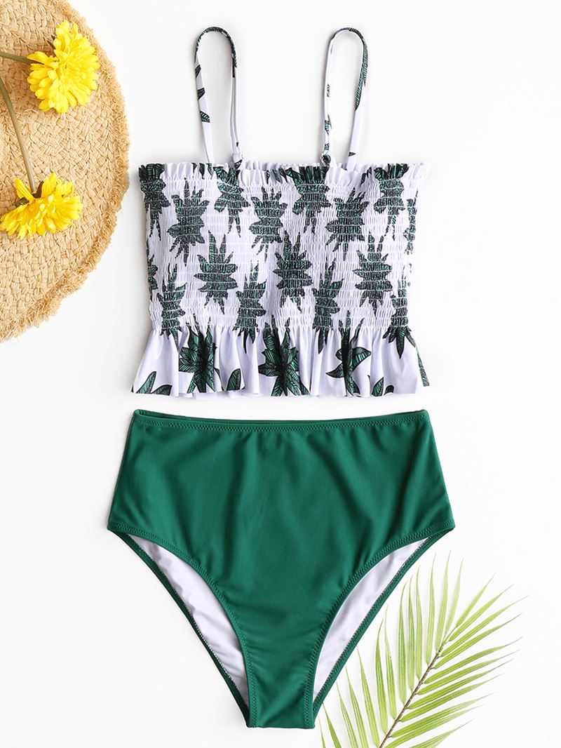 Hawaii Style Kvinder Tropical Leaves Med Tryk Flæser Hem Beach High Waist Bikini