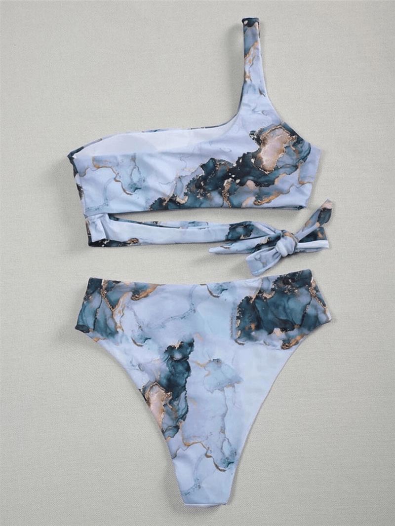 Kontrastfarve Tie Dye Med Tryk One Shoulder Knotted High Waist Dame Beach Bikini