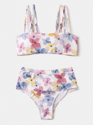 Kvinder Blomsterprint Spaghetti Stropper Rygfri Højtalje Bikini Beach Badetøj