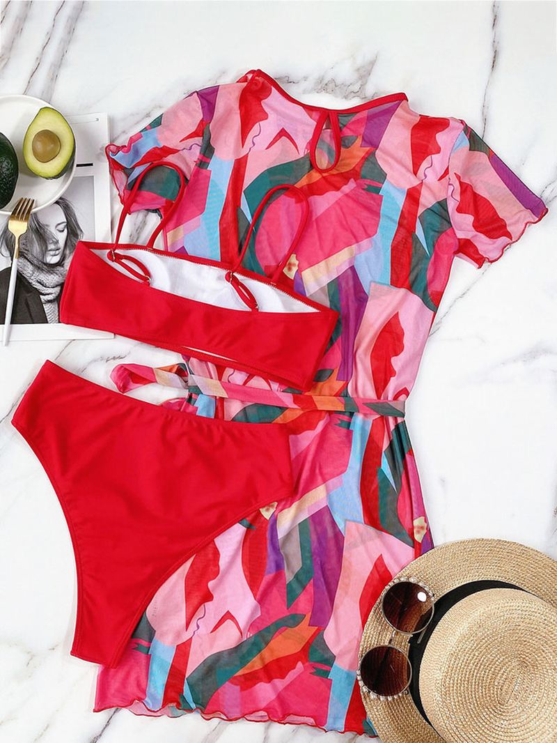 Kvinder Color Block Snøre Kortærmet Kjole Spaghetti Straps Bikinier Badedragt