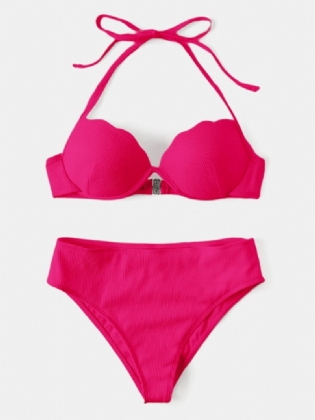 Kvinder Ensfarvet Grimestreng Bøjle Højtaljet Bikini Til Svømning