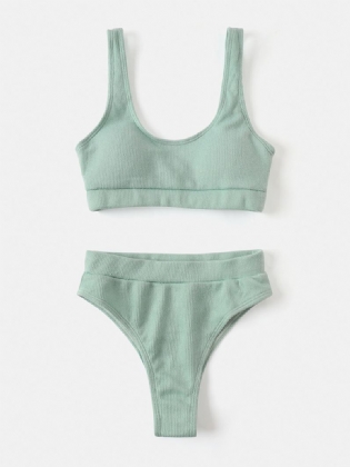 Kvinder Ensfarvet Vest Tekstur Højtalje Bikini Rygløs Siwmwear
