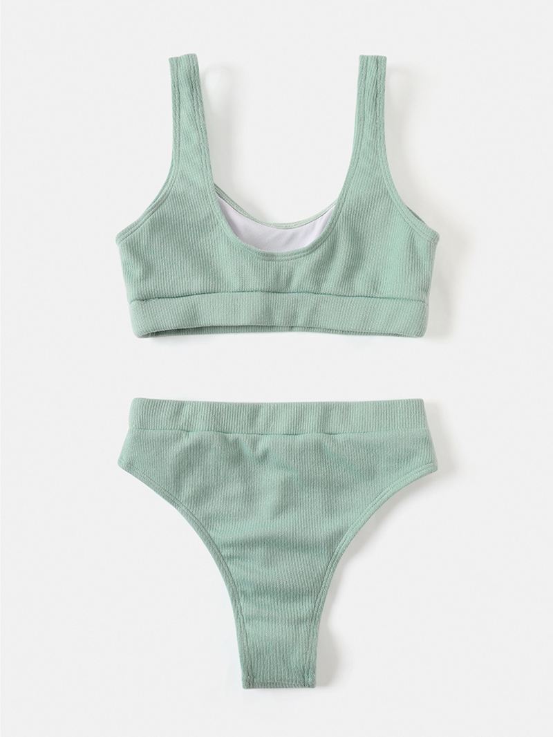 Kvinder Ensfarvet Vest Tekstur Højtalje Bikini Rygløs Siwmwear