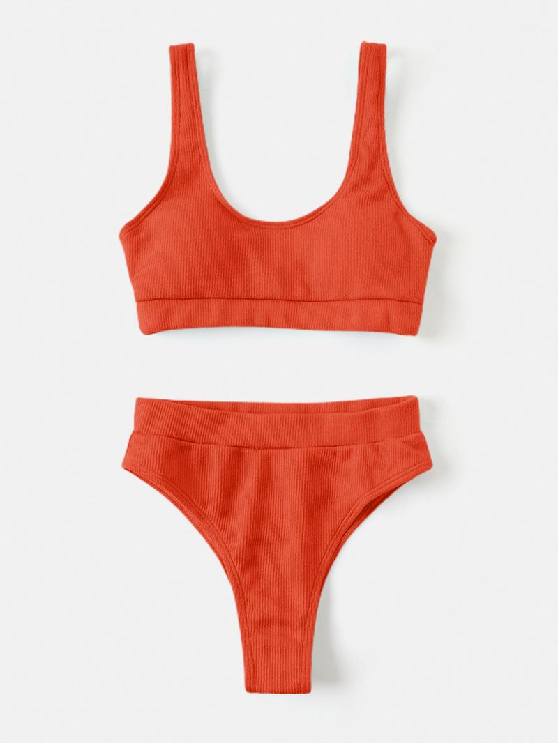 Kvinder Ensfarvet Vest Tekstur Højtalje Bikini Rygløs Siwmwear