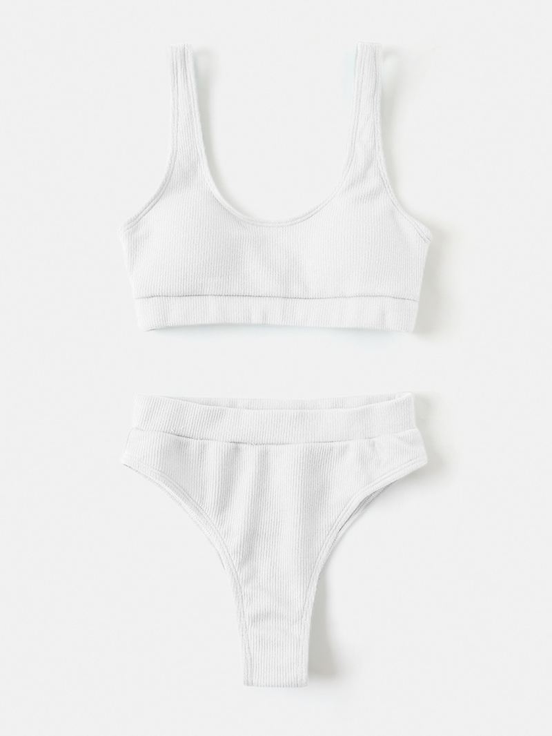 Kvinder Ensfarvet Vest Tekstur Højtalje Bikini Rygløs Siwmwear