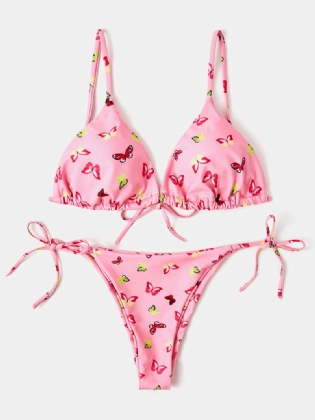 Kvinder Farverige Butterfly Med Tryk Spaghetti Straps Rygløse Thong Bikinier