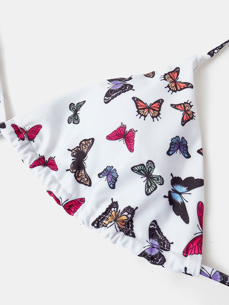 Kvinder Farverige Butterfly Med Tryk Spaghetti Straps Rygløse Thong Bikinier