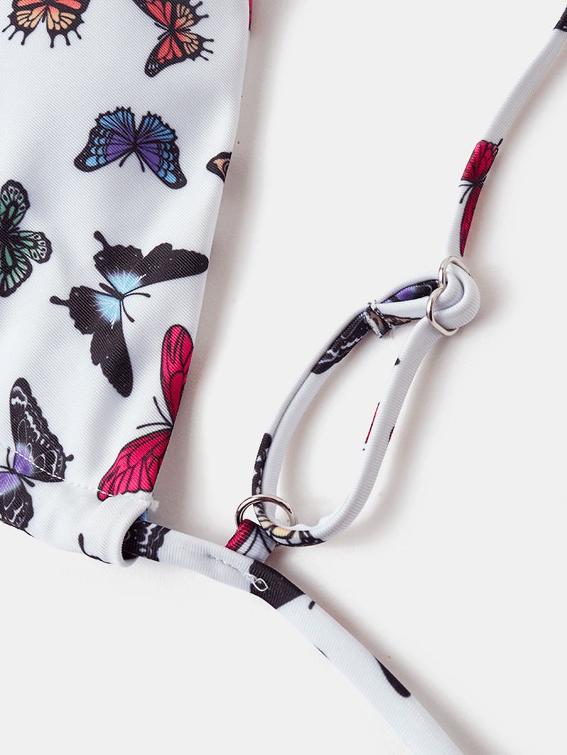 Kvinder Farverige Butterfly Med Tryk Spaghetti Straps Rygløse Thong Bikinier