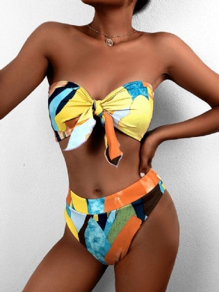 Kvinder Farverigt Med Tryk Tie Front Bandeau Stropløse Bikinier Med Thong