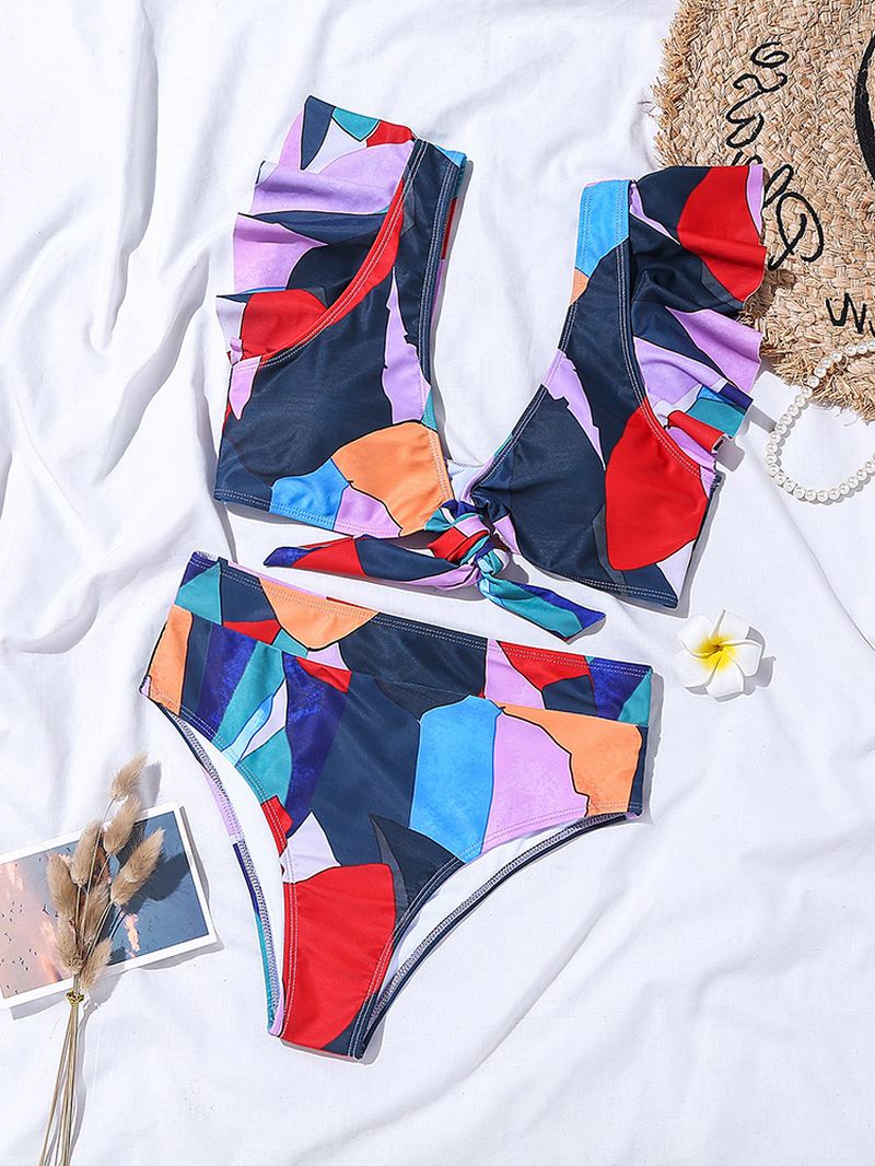 Kvinder Geometri Med Tryk Flæser Knot High Waist Beach Bikini