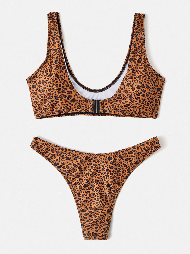 Kvinder Leopard Animal Med Tryk Brede Skulderstropper Rygløse Bikinithong Badedragter