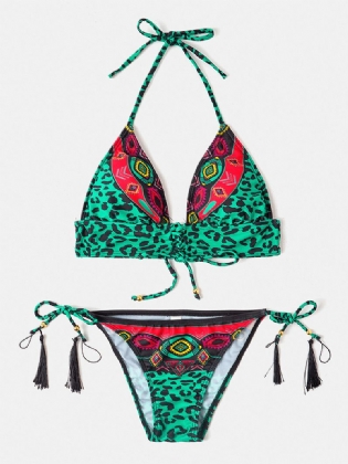 Kvinder Leopard Patchwork Etnisk Med Tryk Halter String Bikini Rygløst Badetøj