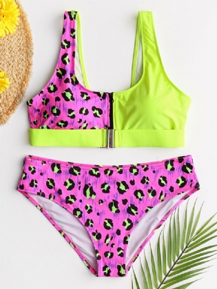 Kvinder Leopard Patchwork Front Lynlås Bikini Rygløst Badetøj