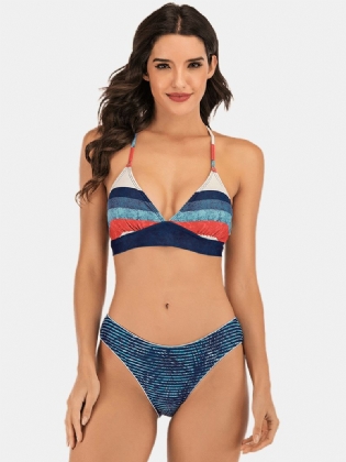 Kvinder Multi-color Stribet Trekant Rygløs Badedragt Bikini